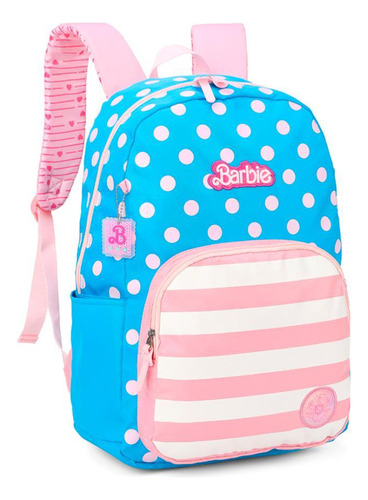 Mochila De Costas Barbie Azul E Rosa Bolinhas - Luxcel