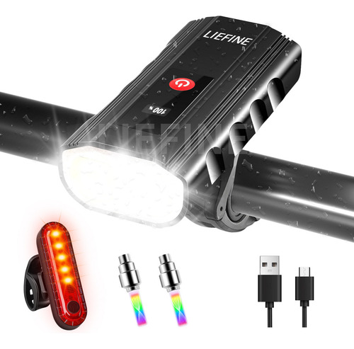 Liefine® Luz Para Bicicleta 8000 Lúmenes Impermeable Led Usb Recargable Kit Con 5 Modos, Lámpara Bicicleta Luces De Bicicleta Accesorios Con Luz Trasera
