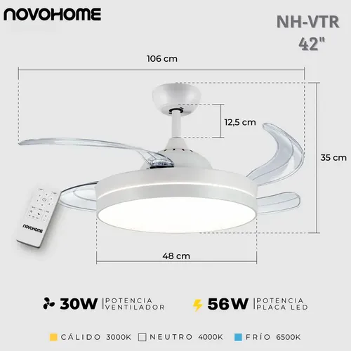 Ventilador Retractil De Techo Novohome Luz Calida Fria Neutra 6 Velocidades 4 aspas Color Blanco - imagen 10