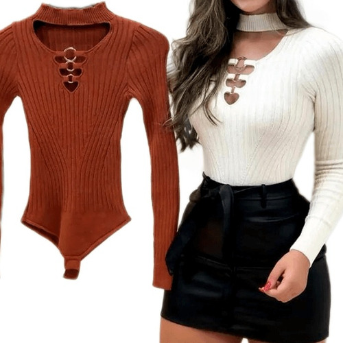 Body Blusinha Blusa Manga Longa Feminina Gola Chocker Bore