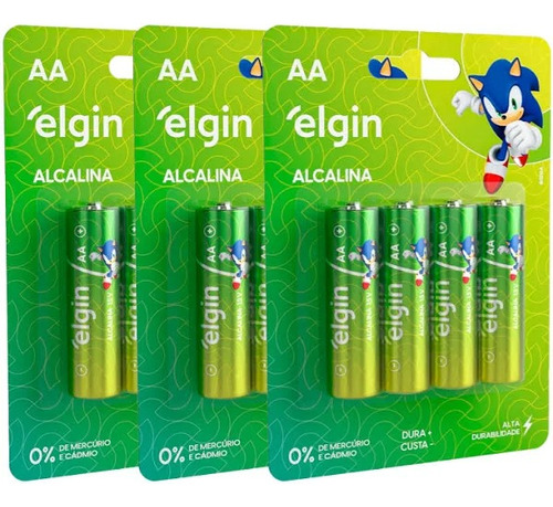 12 Pilha Alcalina Aa Elgin Energy Lr6 1,5v  Blister Com 4