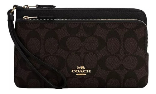 Billetera Coach Double Zip Wallet Black Con Diseño Lisa Color Marrón Oscuro De Cuero - 12cm X 20cm X 3cm