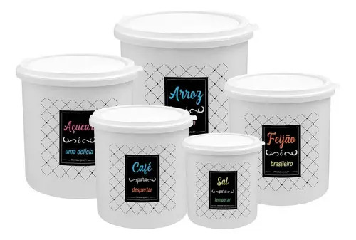 Kit 5 Potes De Mantimentos Plástico Decorado Cor Conjunto Kit 5 Branco Color