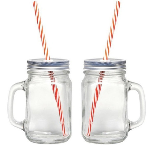 24 Tarros Mason Jar Con Tapa Y Popote 470 Ml Mayoreo Liso 