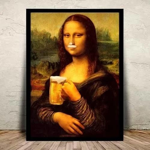 Placa Decorativa Monalisa Tomando Cerveja Quadro Com Moldura