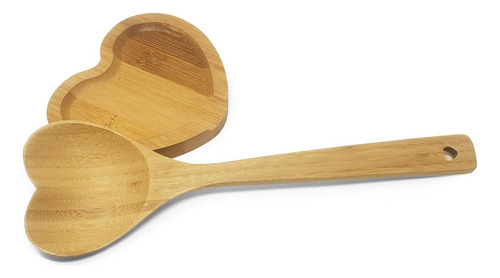 Cuchara De Bambú En Forma De Corazón Con Juego De Reposo, Cu