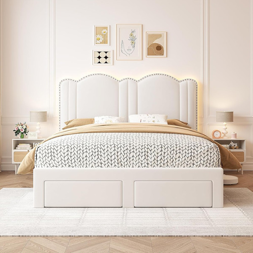 Base De Cama Enhomee C/cajones & Luces Led Matrimonial Crema