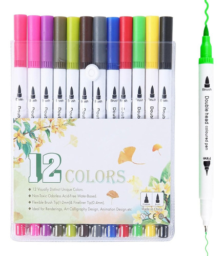 Marcador Doble Punta Pincel + Fineliner 0.4 Set X 12 Colores