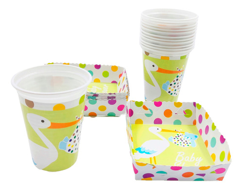 Kit 12 Vasos 12 Platos Decorativos Cigüeña Baby Shower