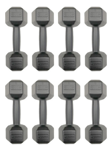 Pack X8 Mancuernas 3kg C/u Pesas Recubiertas Entrenamiento Color Negro