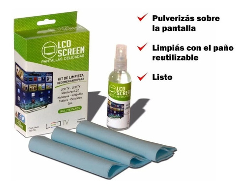 Imagen 2 de 2 de Kit Limpia Pantallas Notebook Tv Monitor Celular 120cc Paños