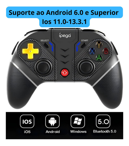 Controle Joystick Ipega Gamepad Bluetooth 5.0 Compatível Com Celular Android Ios Ps3 Ps4 N-switch Pc Gamer Tablet Modo Turbo 4 Botões Com Luz Led Gatilhos Adicionais
