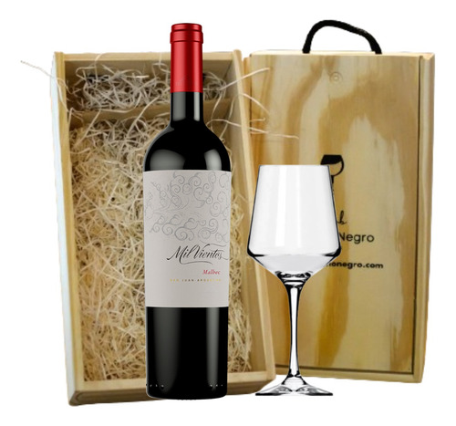 Vino Mil Vientos Malbec 750cl Copa Caja De Madera Regalo
