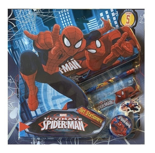 Marvel Spiderman Set Escolar Con Estuche Metálico 5unidades