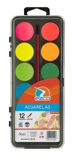 Acuarelas X 12 Colores  + Pincel Ezco Pastilla Grande Rigido