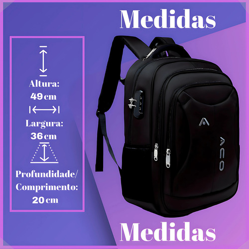 Ago Mochila Notebook Reforçada Cadeado Senha Divisorias Imperm. Cor 2102 Preta Desenho Do Tecido Liso