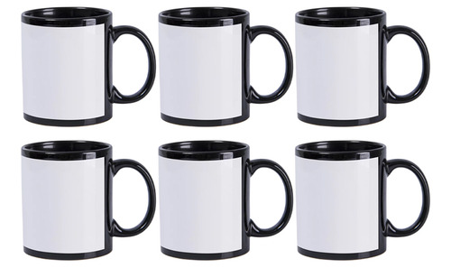 6 Caneca Preta Tarja Branca Sublimação Aaa 325ml Porcelana Cor Preto