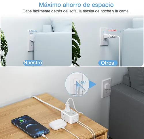 Multiple Enchufe Plano Con 1.5m 3 Salidas Ca Y 2 Puertos Usb