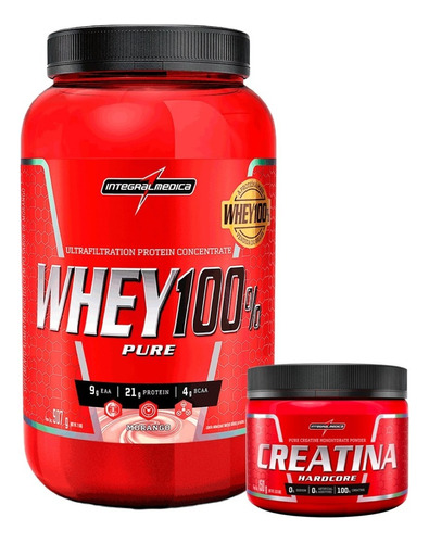 Whey 100% Pure 907g Pote Creatina 150g - Integral Médica Sabor Morango