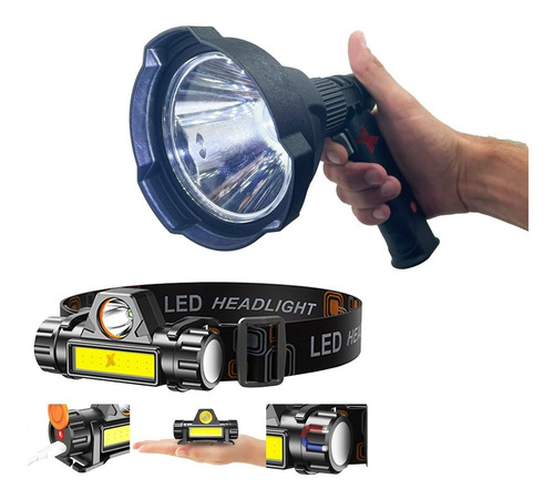 Foco Caza Luz Led Alto Alcance + Minero Led Recargable Pesca