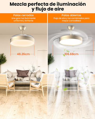 Ventilador de Techo Dorado Retráctil 42" con Luz LED de 3 Tonos, Motor DC Silencioso, 6 Velocidades, Control Remoto, Aspas Invisibles, Reversible para Verano e Invierno, Diseño Moderno Interior
