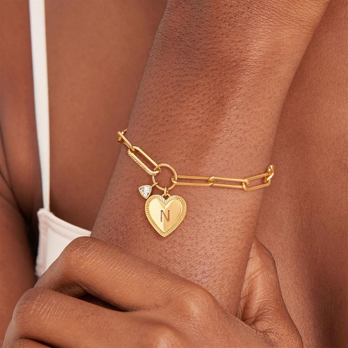 Pulsera De Corazon Chapado En Oro De 18k Con Letra Inicial N