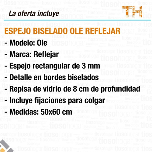 Imagen 5 de 10 de Espejo Biselado Repisa Baño Rectangular Estante 50x60 Borde