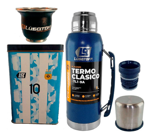 Termo Azul Acero Inox Lusqtoff 1 Litro + Yerbera + Mate 