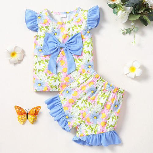 Conjunto Verano Niña Con Moño Y Estampado Floral Multicolor