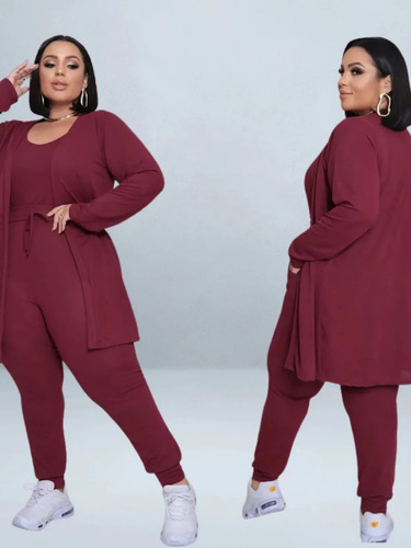 Conjunto Plus Size Cardigan Regata Calça 3 Peças Luxo