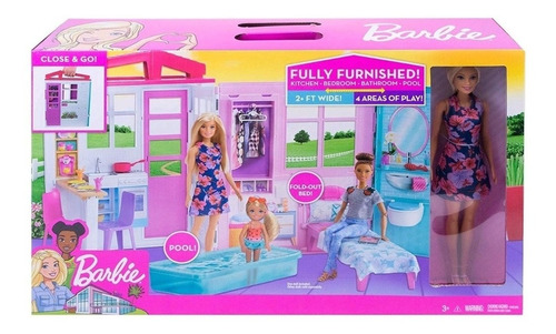 Barbie Casa Portátil Piscina Casa De Muñecas Fxg55 Oferta Ya