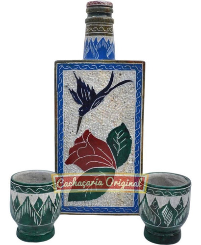 Jarra Barril Bordado Azul Pedra Sabão 900ml Com 2 Taças