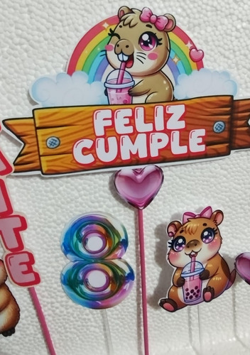 Adorno De Torta, Topper Personalizado (nombre+edad) Capibara Rosa Capibara