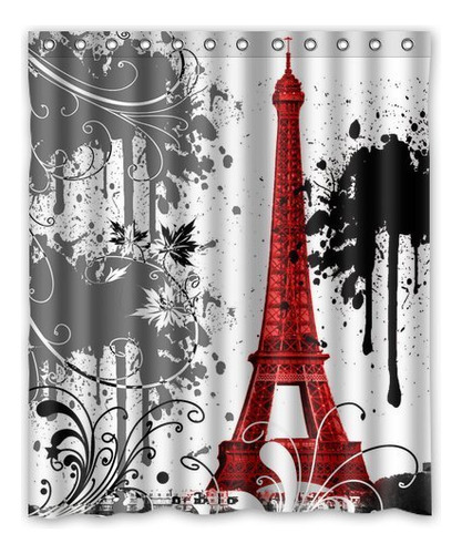 Cortina Ducha Baño Diseño Torre Eiffel Roja 59.8 X