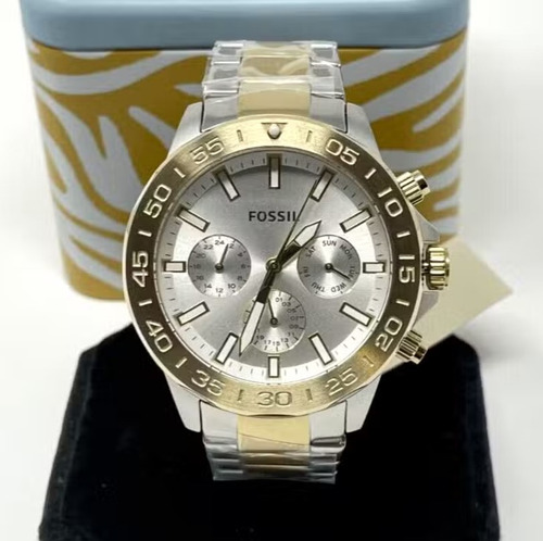 Relógio masculino Fossil de dois tons de aço inoxidável Bq2707, pulseira de prata, moldura dourada, fundo prateado