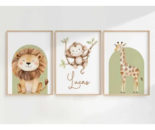 Kit 3 Quadros Decorativos 60x40 Safari Fundo Verde Com Nome
