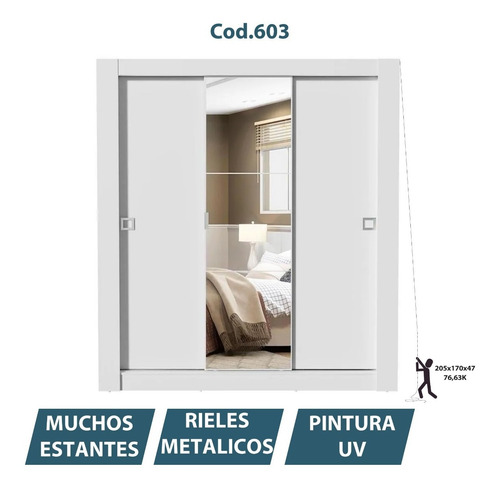 Ropero Placard 3 Puertas Corredizas Con Espejo Mulata Correr