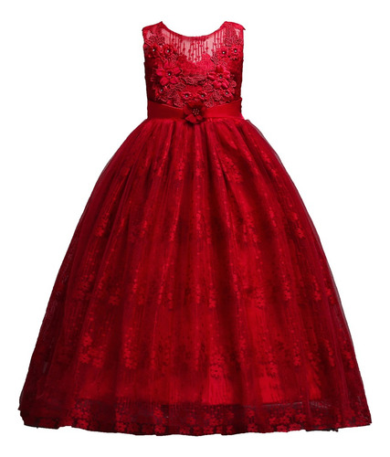 Vestido De Princesa De Tul Con Encaje De Flores Para Niñas