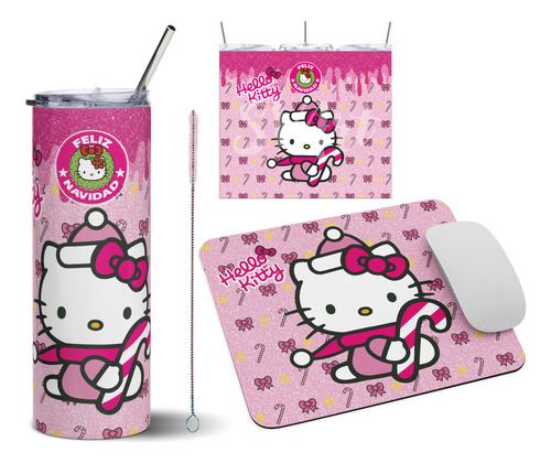 Termo + Mouse Pad De Regalo Hello Kitty Feliz Navidad Md3