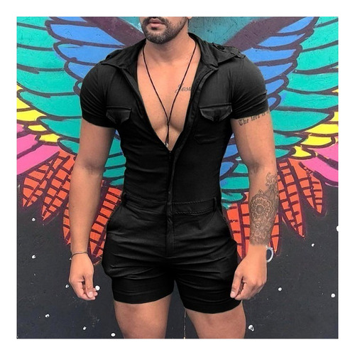 Mono Masculino Con Cremallera, Mangas Cortas Y Bolsillos