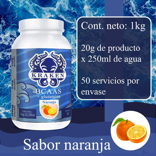 Aminoácidos Bcaas + Glutamina Kraken 1kg 100 Servicios Naranja