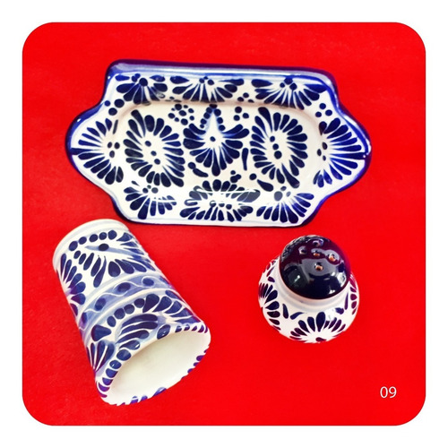 Juego Tequileros De Talavera Poblana 3pzas. En Azul Y Blanco Modelo 09        Tql