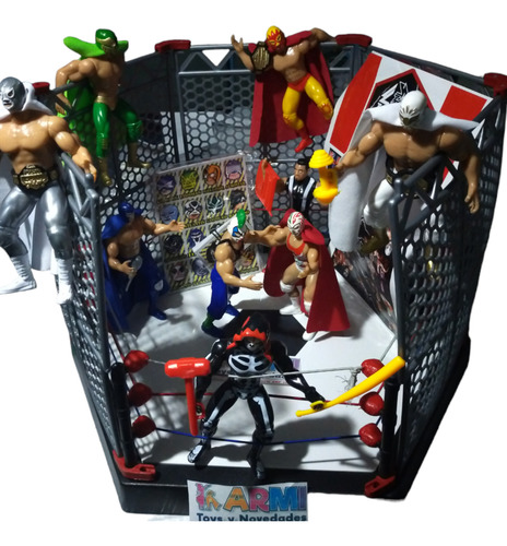 Ring De Jaula Lucha Libre + 2 Luchadores + Accesorios 50cm