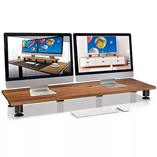 Soporte elevador de madera para monitor doble, soporte de monitor para 2  monitores, soporte de computadora grande para escritorio con patas de  metal