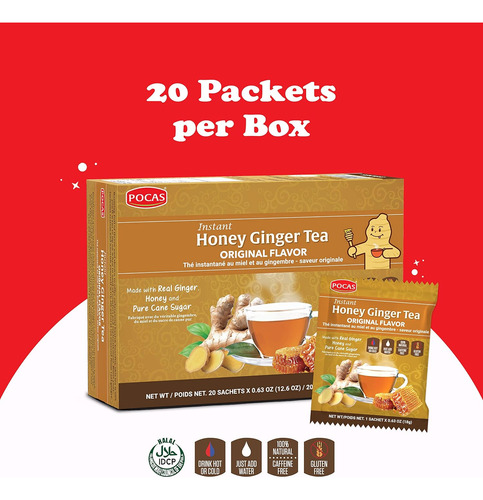 Pocas Honey Gingertea, Té Instantáneo Sin Cafeína,20unidades