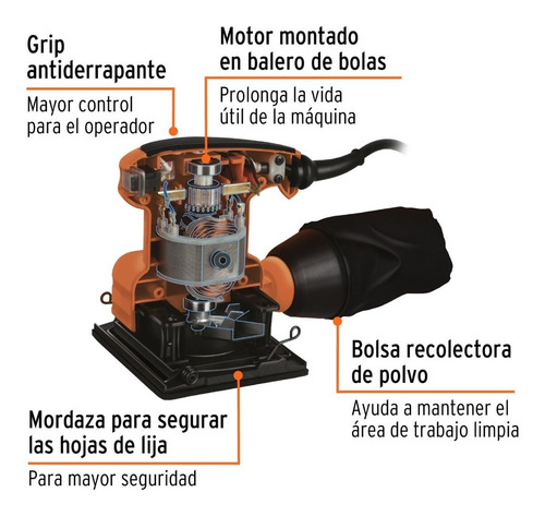Lijadora profesional orbital Truper LIOR-1/4A2 naranja 60Hz 200W 120V
