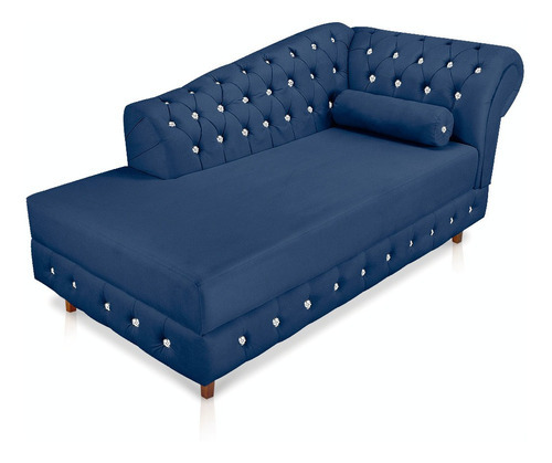 Divã Chesterfield Capitonado Suede Com Strass Cor Azul-marinho