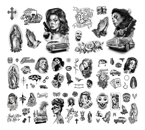 Los Vatos Chicano Bundle - 8 Hojas De Tatuajes Temporales Ch