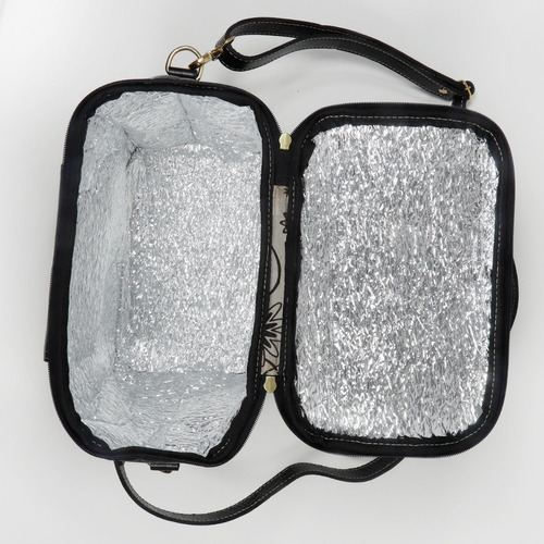 Bolsa térmica para mujer, lonchera, piel auténtica, estructura metálica, dorada, color: negro, diseño de tela lisa