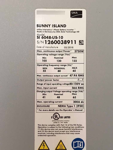 Inversor Autónomo Solar Sma Sunny Island 6048-us (Usado)